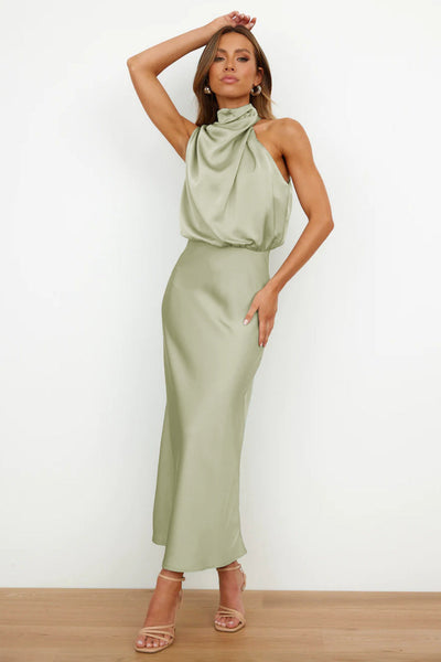 CARLINA | Elegante Abito Lungo in Raso con Collo Halter