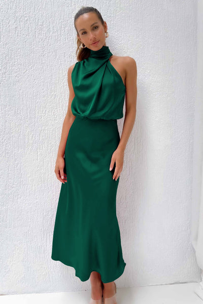 CARLINA | Elegante Abito Lungo in Raso con Collo Halter